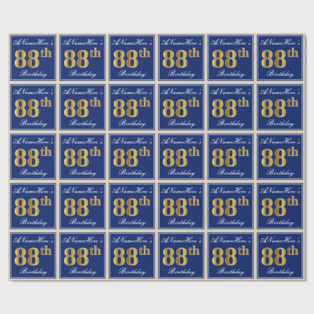 Elegant, Blue, Faux Gold 88th Birthday + Name Wrapping Paper (Flat)