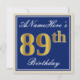 Elegant, Blue, Faux Gold 89th Birthday + Name Invitation