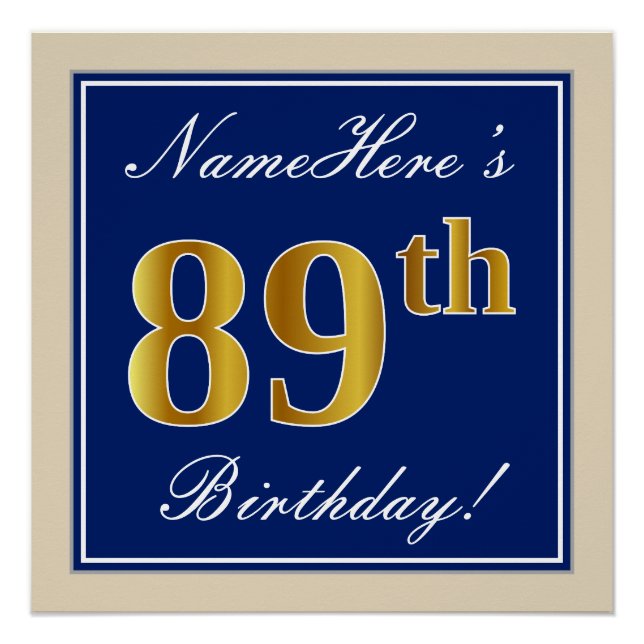 Elegant, Blue, Faux Gold 89th Birthday + Name Poster (Front)