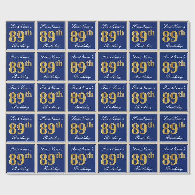 Elegant, Blue, Faux Gold 89th Birthday + Name Wrapping Paper (Flat)