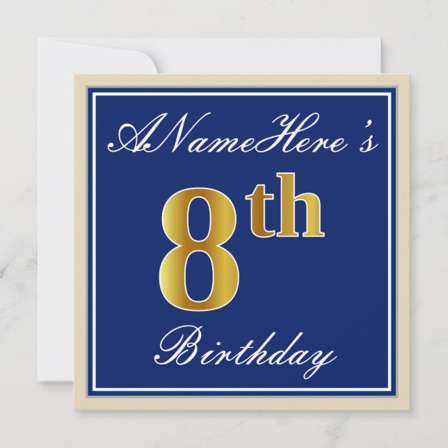 Elegant, Blue, Faux Gold 8th Birthday; Custom Name Invitation (Front)