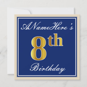 Elegant, Blue, Faux Gold 8th Birthday; Custom Name Invitation