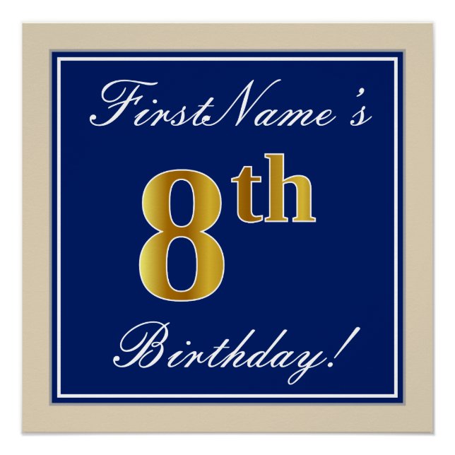 Elegant, Blue, Faux Gold 8th Birthday; Custom Name Poster (Front)