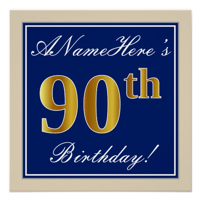 Elegant, Blue, Faux Gold 90th Birthday + Name Poster (Front)