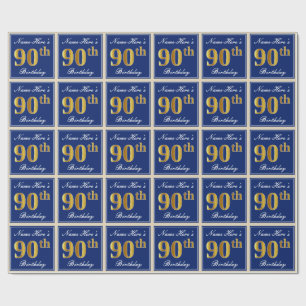 Elegant, Blue, Faux Gold 90th Birthday + Name Wrapping Paper