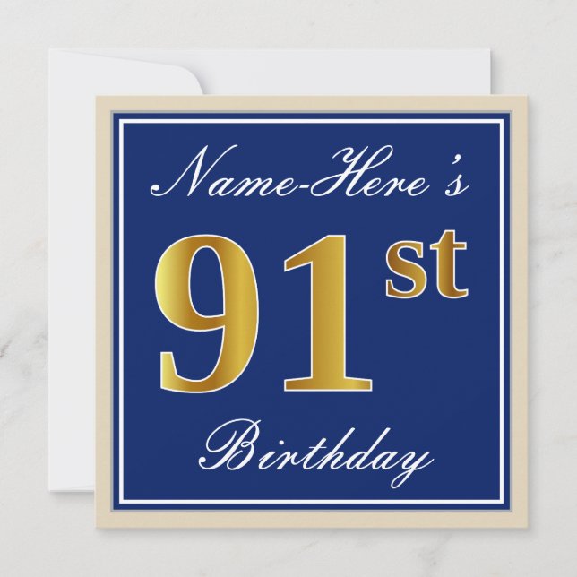 Elegant, Blue, Faux Gold 91st Birthday + Name Invitation (Front)
