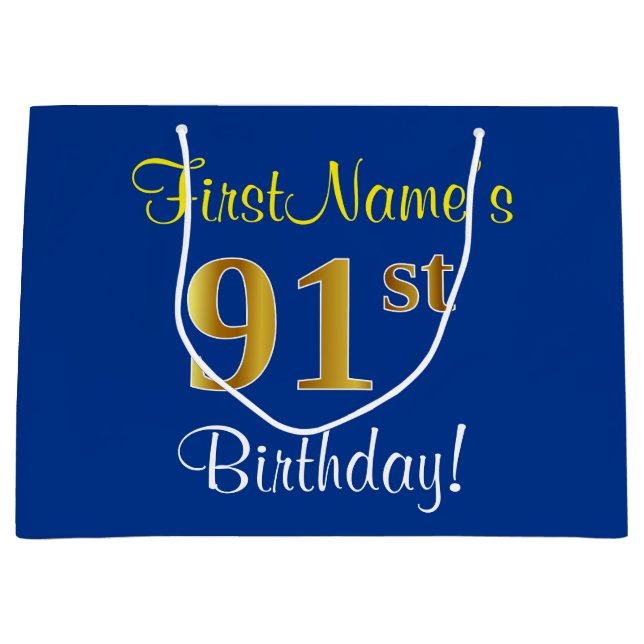 Elegant, Blue, Faux Gold 91st Birthday + Name Large Gift Bag (Front)