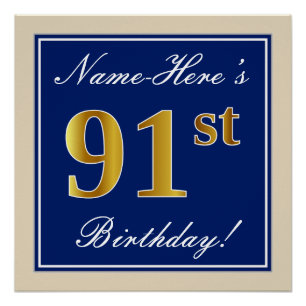 Elegant, Blue, Faux Gold 91st Birthday + Name Poster