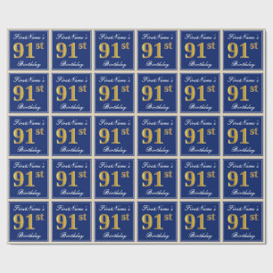 Elegant, Blue, Faux Gold 91st Birthday + Name Wrapping Paper
