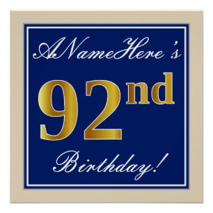 Elegant, Blue, Faux Gold 92nd Birthday + Name Poster