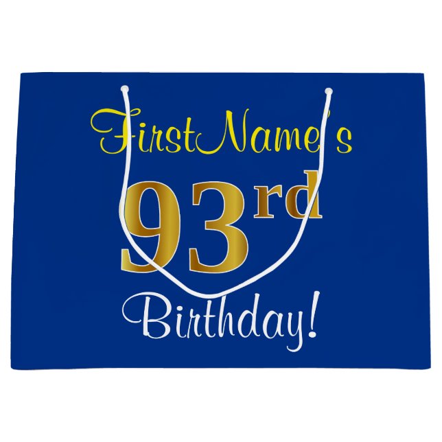 Elegant, Blue, Faux Gold 93rd Birthday + Name Large Gift Bag (Front)