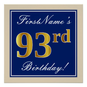 Elegant, Blue, Faux Gold 93rd Birthday + Name Poster