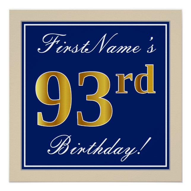 Elegant, Blue, Faux Gold 93rd Birthday + Name Poster (Front)