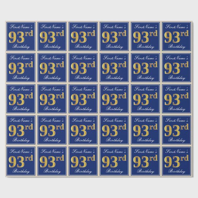 Elegant, Blue, Faux Gold 93rd Birthday + Name Wrapping Paper (Flat)