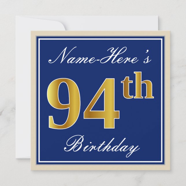 Elegant, Blue, Faux Gold 94th Birthday + Name Invitation (Front)