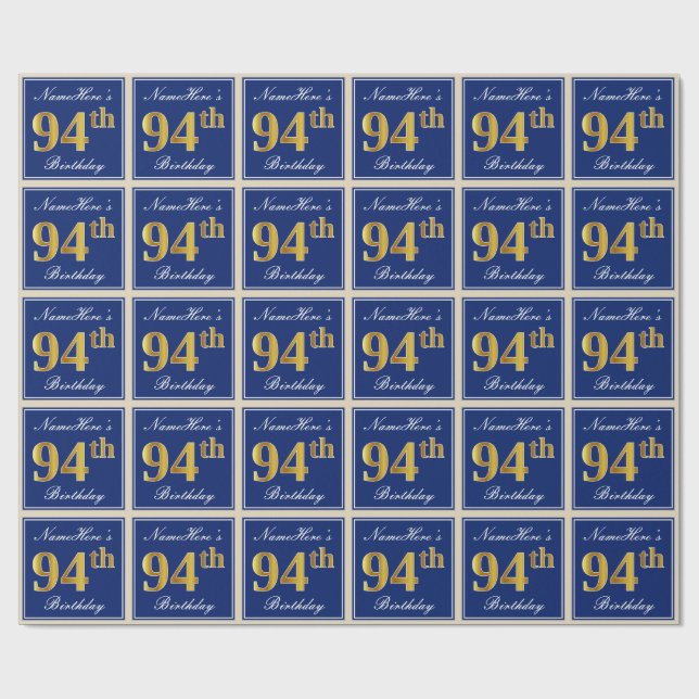 Elegant, Blue, Faux Gold 94th Birthday + Name Wrapping Paper (Flat)