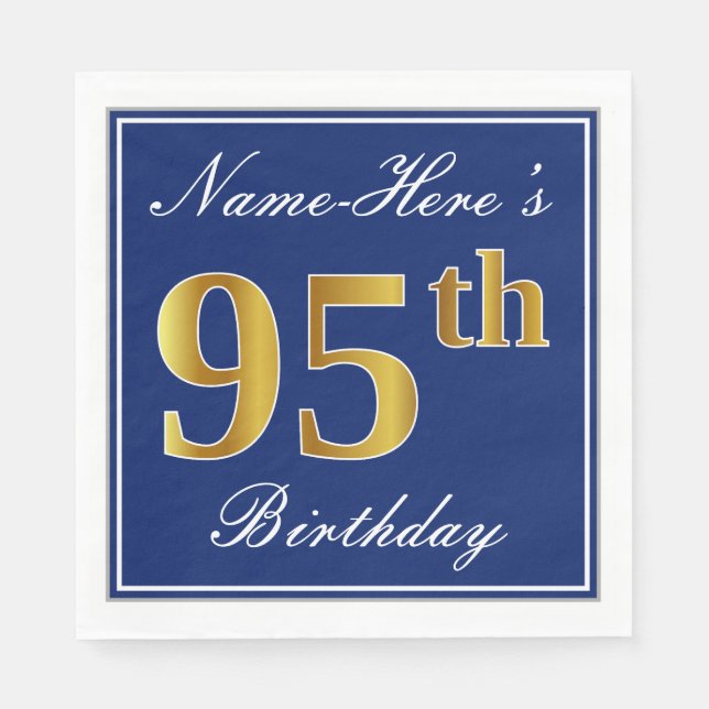 Elegant Blue, Faux Gold 95th Birthday; Custom Name Napkin (Front)