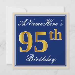 Elegant, Blue, Faux Gold 95th Birthday + Name Invitation