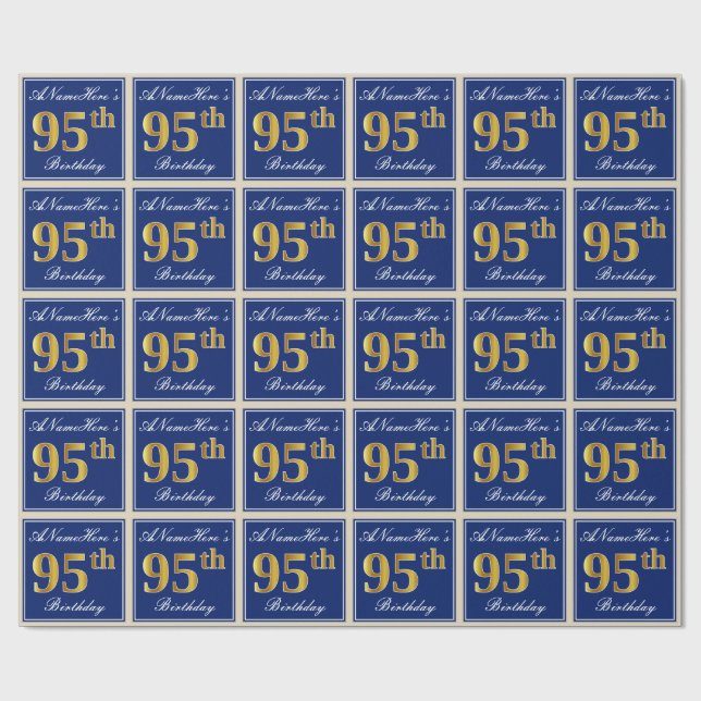 Elegant, Blue, Faux Gold 95th Birthday + Name Wrapping Paper (Flat)