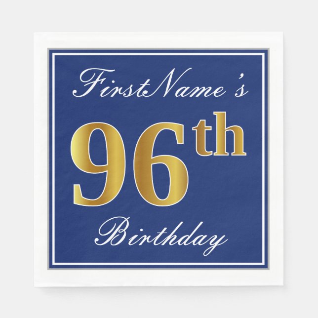 Elegant Blue, Faux Gold 96th Birthday; Custom Name Napkin (Front)