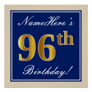Elegant, Blue, Faux Gold 96th Birthday + Name Poster