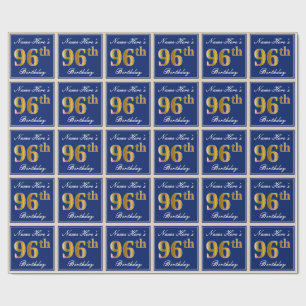 Elegant, Blue, Faux Gold 96th Birthday + Name Wrapping Paper