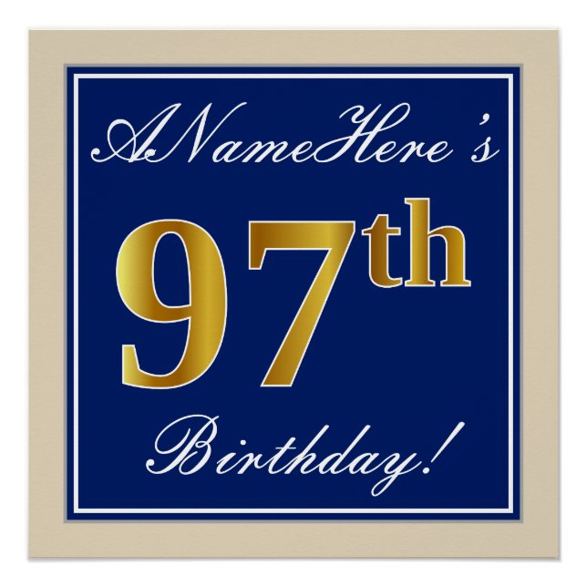 Elegant, Blue, Faux Gold 97th Birthday + Name Poster (Front)