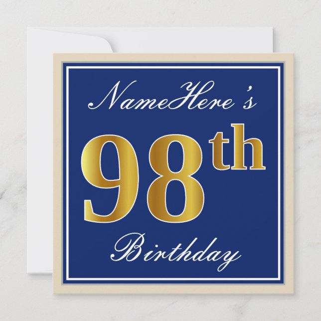 Elegant, Blue, Faux Gold 98th Birthday + Name Invitation (Front)