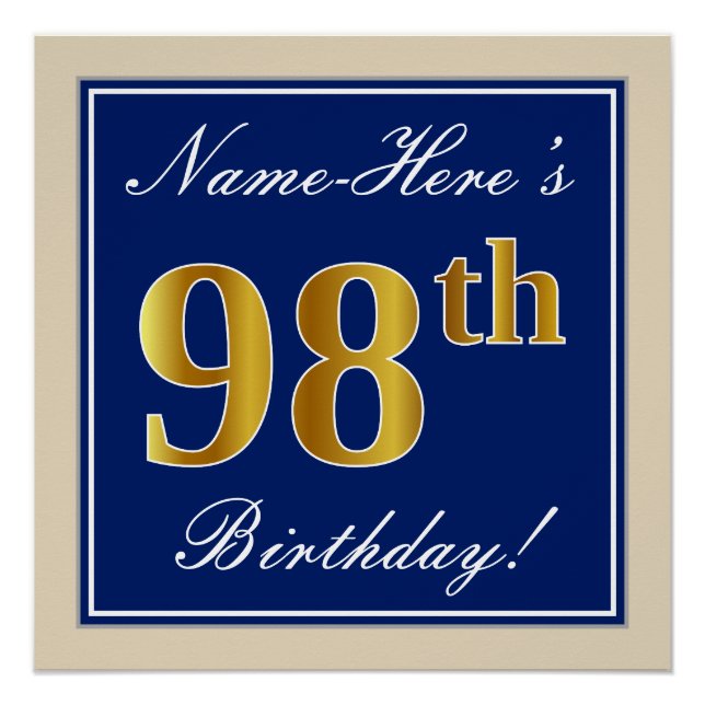 Elegant, Blue, Faux Gold 98th Birthday + Name Poster (Front)