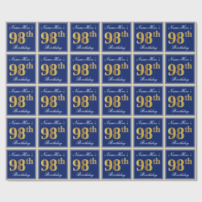 Elegant, Blue, Faux Gold 98th Birthday + Name Wrapping Paper (Flat)