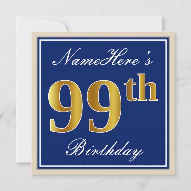 Elegant, Blue, Faux Gold 99th Birthday + Name Invitation (Front)