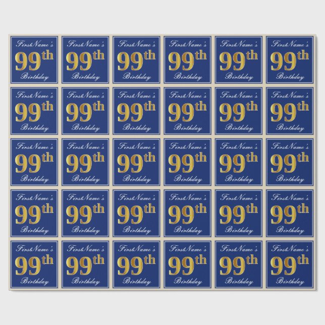 Elegant, Blue, Faux Gold 99th Birthday + Name Wrapping Paper (Flat)