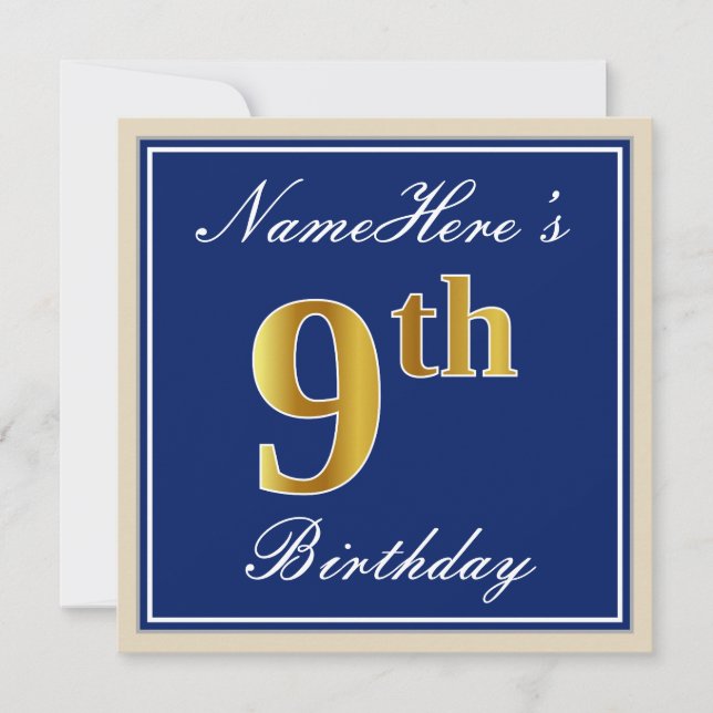 Elegant, Blue, Faux Gold 9th Birthday; Custom Name Invitation (Front)