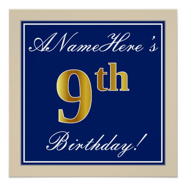 Elegant, Blue, Faux Gold 9th Birthday; Custom Name Poster (Front)