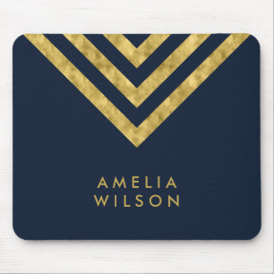 Elegant Blue Faux Gold Name Chevron Geometric Mouse Mat