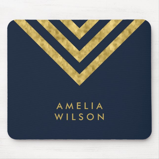 Elegant Blue Faux Gold Name Chevron Geometric Mouse Mat (Front)