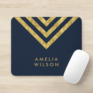 Elegant Blue Faux Gold Name Chevron Geometric Mouse Mat