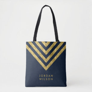 Elegant Blue Faux Gold Name Chevron Pattern Tote Bag