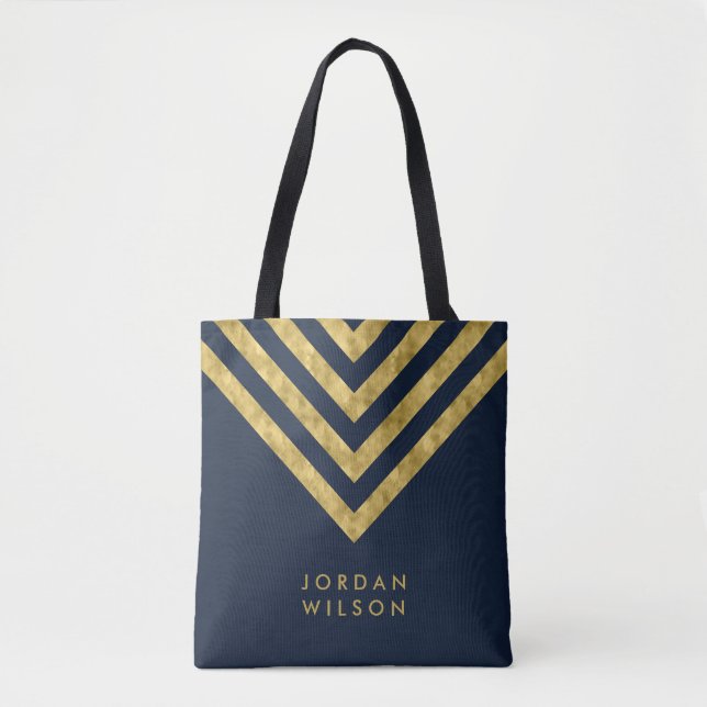Elegant Blue Faux Gold Name Chevron Pattern Tote Bag (Front)