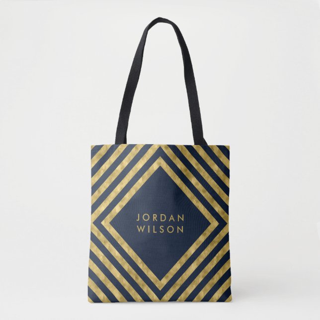 Elegant Blue Faux Gold Square Lines Geometric Tote Bag (Front)
