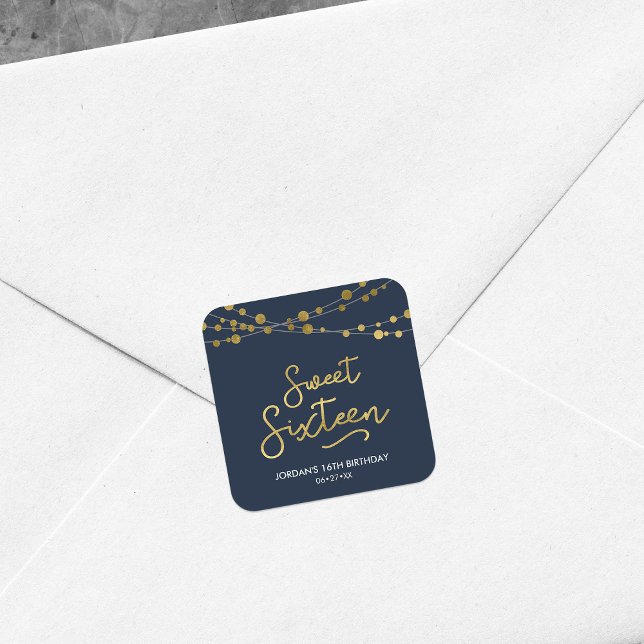 Elegant Blue Faux Gold Strings of Lights Sweet 16 Square Sticker (Creator Uploaded)