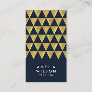 Elegant Blue Faux Gold Triangle Modern Vertical Business Card