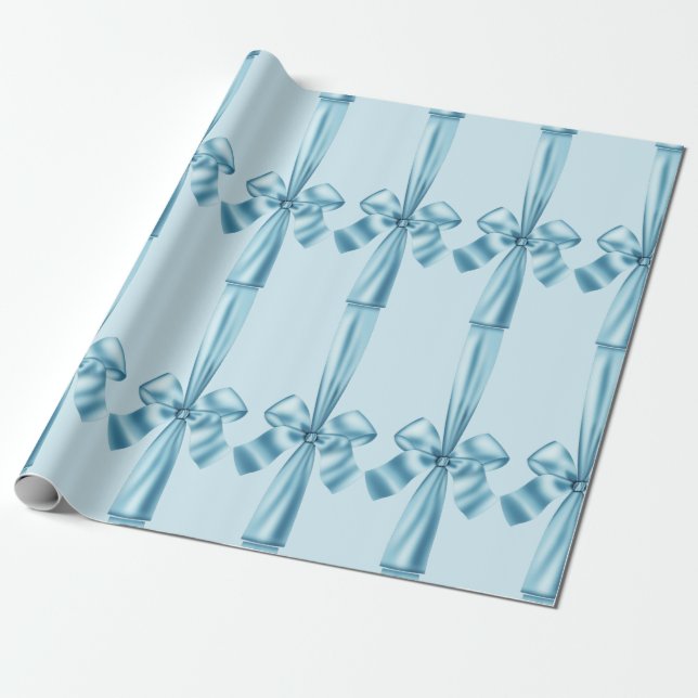 Elegant Blue Faux Satin Ribbon Bow Wrapping Paper (Unrolled)