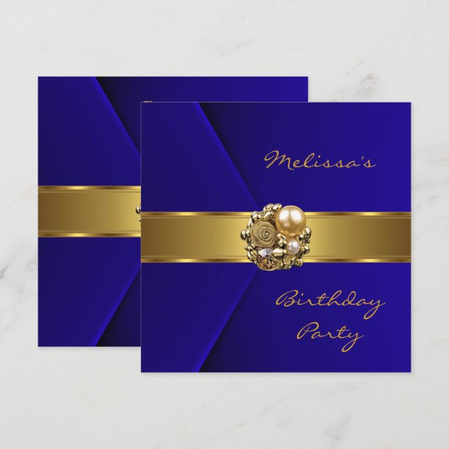 Elegant Blue Faux Velvet gold jewel Invitation (Front/Back)