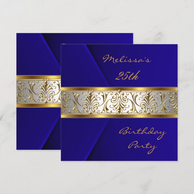 Elegant Blue faux Velvet gold Trim 25th Invitation (Front/Back)