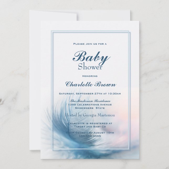 Elegant Blue Feather Baby shower Invitation (Front)