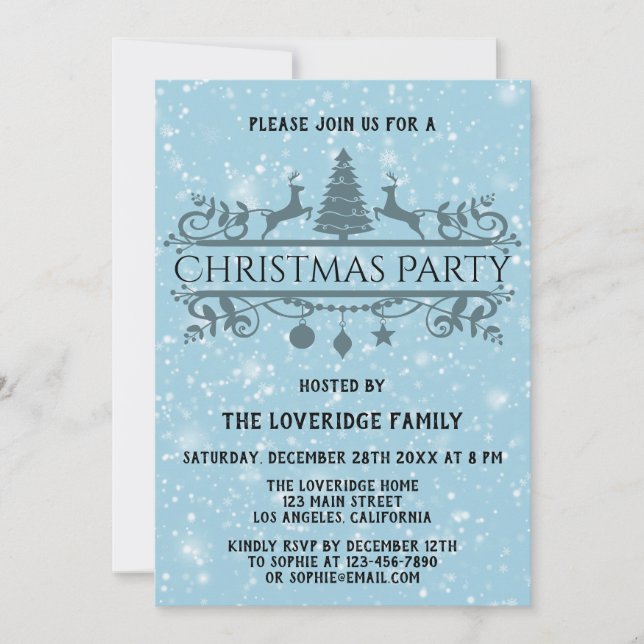Elegant Blue Festive Holiday Christmas Party Snow Invitation (Front)