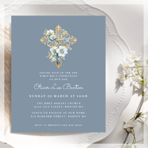 Elegant Blue First Communion Budget Invitation