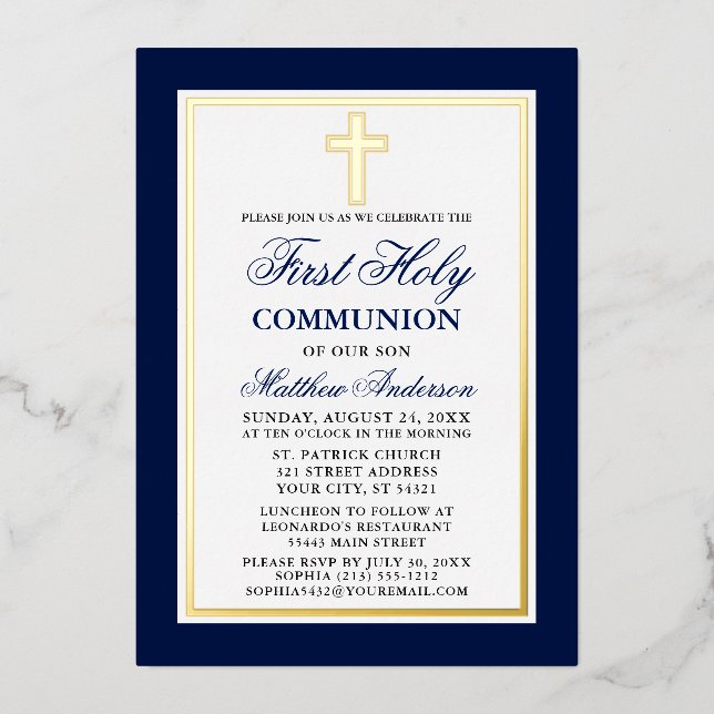 Elegant Blue First Holy Communion Cross Gold (Front)