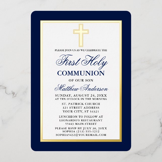 Elegant Blue First Holy Communion Cross Gold Frame (Front)